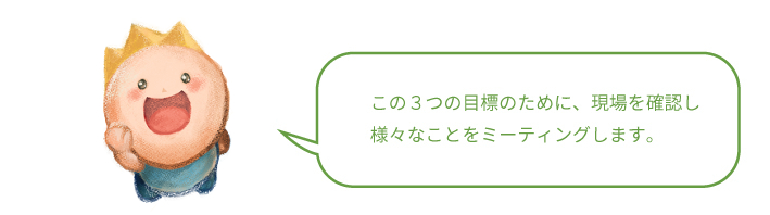 この3つの目標のために現地を確認し様々なことをミーティングします。